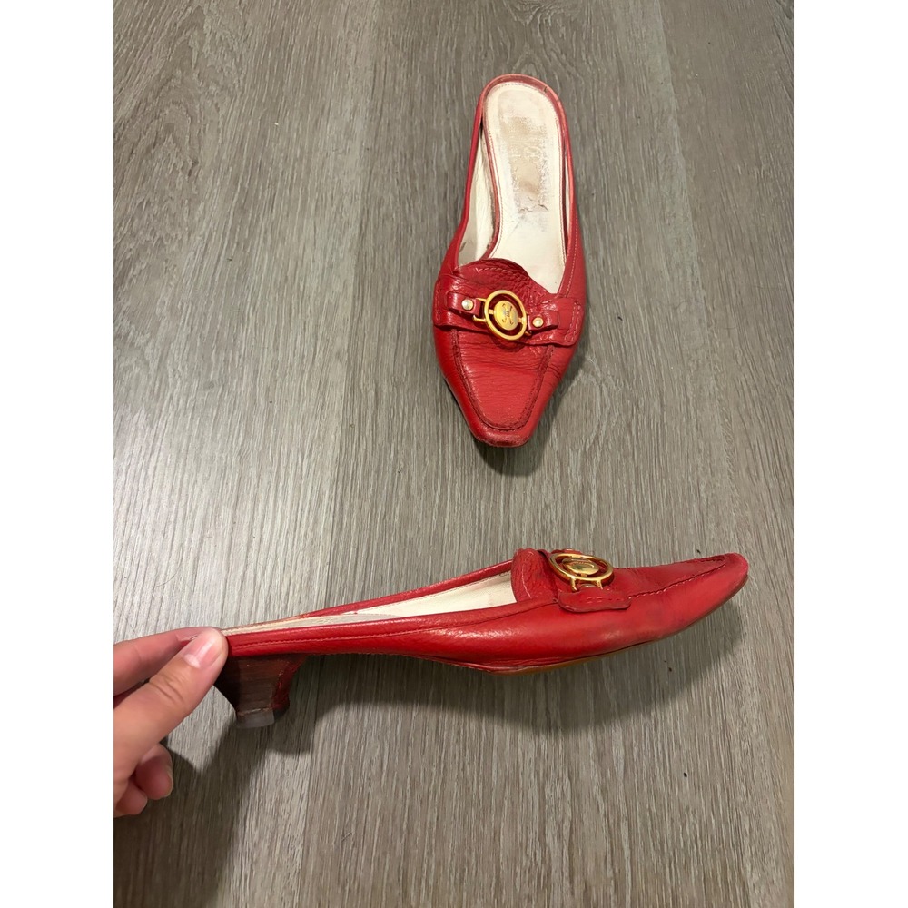 Cole Haan Womens Red Pebbled Leather Pointed Toe Kitten Heel Mules Buckle Logo